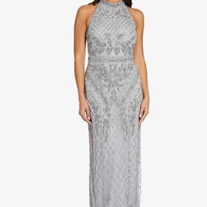 Adrianna Papell Women's Halter Beaded Column Gown Silver 10